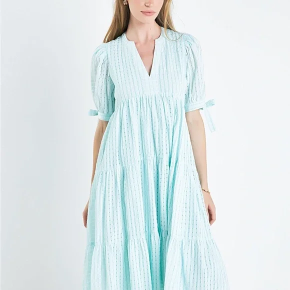 knee length dresses for ladies Puff Short Sleeve Square Neck Midi Dress  English Factory